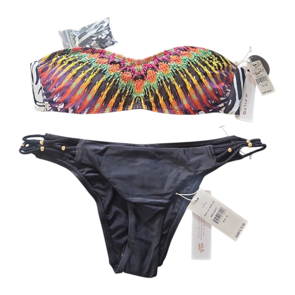 Pilyq Embroidered Bandeau Top & Teeny Bkack Bottom Bikini Swimsuit Set - Picture 7 of 14